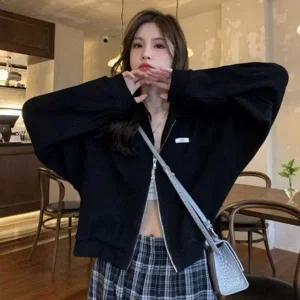 [하프클럽/]룩베이직 크롭핏 2WAY 시즌 점퍼 블루종 여성 지퍼후드