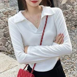 [하프클럽/]오픈 넥카라 브이라인 긴소매 립 캐주얼 패턴 깔끔하고고급스러