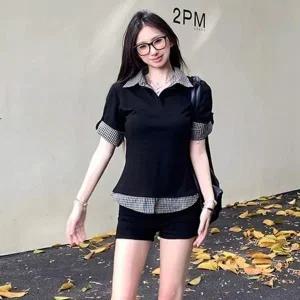 [하프클럽/]체크무늬 셔츠칼라 머스트해브 V넥 긱시크 반소매코디레이어드