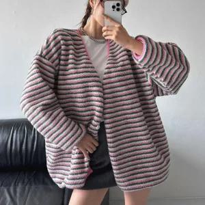 여자 빅사이즈 배색 플리스 단가라 겨울 가디건