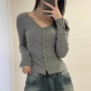 여자 잔골지 버튼긴팔 슬림 딥브이 니트 가디건