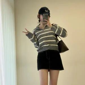 여자 스트라이프 오픈카라넥 세미크롭 겨울 긴팔 니트
