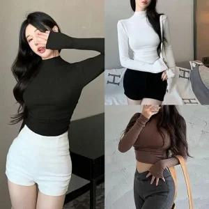 [하프클럽/]반넥 타이트심플 크롭핏 오텀 플레인 하이넥 글램