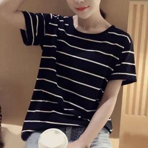 [하프클럽/]레이디스 숏슬리브 줄무늬 줄무늬 프리미엄 세로줄 티셔츠 드레