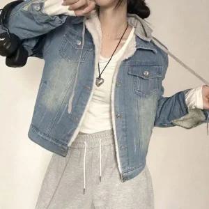 [하프클럽/]걸스 겨울용 소프트터치 털 이너 세미크롭 트렌드 청바지 재킷