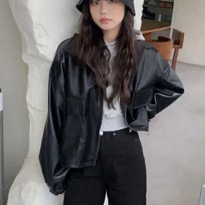 [하프클럽/]여자 양방향 집업자켓 포커스 레더 레더소재 시보리 점퍼 모던