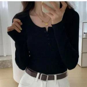 [하프클럽/]레이디스 바디라인 스테디강조 앞단추 티탑 잔골지 라운드칼라