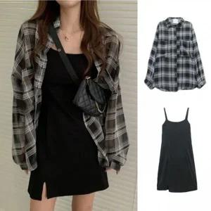 [하프클럽/]민소매드레스 그리드패턴 톱셔츠 프리미엄 투피스