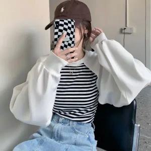 [하프클럽/]2컬러 베이직 단가라 크롭 긴팔티셔츠 볼레로 일체형