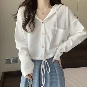 [하프클럽/]3컬러 캐주얼 긴팔 후드가디건 크롭기장 밑단 스트링