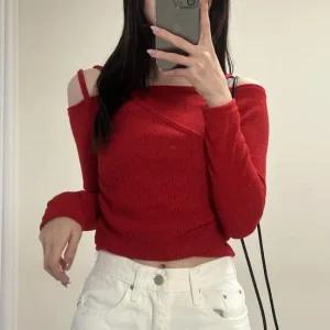 여자 레이어드 크롭 오프숄더 리본 빨간니트 티셔츠