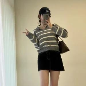 여자 스트라이프 오픈카라넥 세미크롭 겨울 긴팔 니트