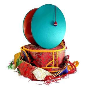 티베트 초드 다마루 원형, 대형 나무 가죽, 브로케이드 드럼 커버 테일 - 모든 연령대의 음악가를 위한 네팔 정통 디자인 핸드 조각 민속 악기