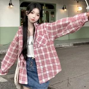 [라일리여성의류] Rly 오버핏 핑크 긴팔 체크 셔츠 루즈핏 가을