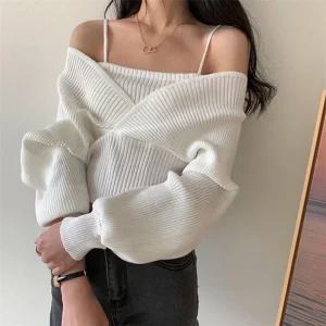 [라일리여성의류] Rly 티셔츠 끈 봄 여성 니트 오프숄더 브이넥 롱니트