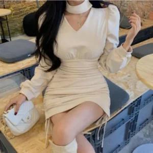 [라일리여성의류] Rly 여성 파티룩 홀터넥 A라인 긴팔 퍼프 셔링 미니