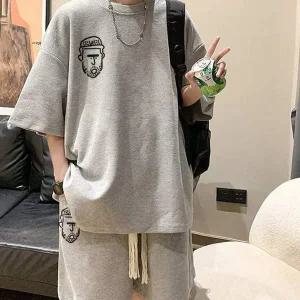 포인트 프린팅 로고 캐주얼 루즈핏 남성 반팔 셋업 남자반바지