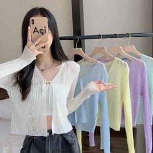 러블리 골지 짜임 패턴 리본끈 가디건 루즈핏 사무실 반팔 여성 여름 미니 볼레로