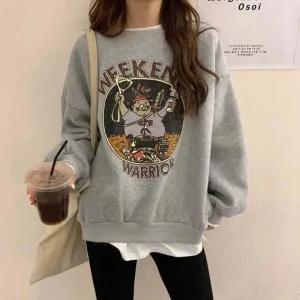 여성 박시핏 기모 안감 스?셔츠 캐주얼 그래픽 캐릭터 오버핏 맨투맨 프린팅