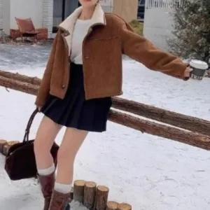 여성용 클래식 퍼카라 크롭 숏코트 포근안감