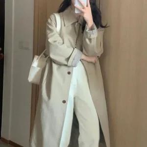 여성용 클래식 체크 배색 트렌치 롱코트