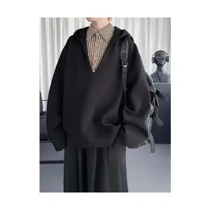 EAMT 남성 가짜 투피스 브이넥 후드 가을 겨울 루즈핏 스트라이프 코트 YJ4