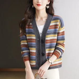 EAMT 여성가디건 레인보우 스트라이프 숏 니트 코트 추동 가디건 아우터 YJ4