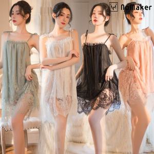 실크 란제리 스트링 레이스 슬립+티팬티 세트 이벤트 섹시 속옷 잠옷 노메이커
