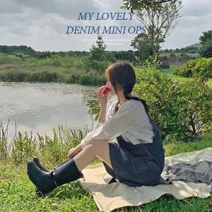 핫핑 [러블리무드] 사이좋은_숏버전 데님멜빵미니원피스