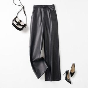 양가죽 팬츠 세미와이드 뒷밴딩 롱길이 일자핏 블랙 가죽바지