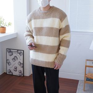 [쿼터]남녀공용 겨울 도톰 오버핏 울 라운드 하찌 스트라이프 단가라 니트 4color