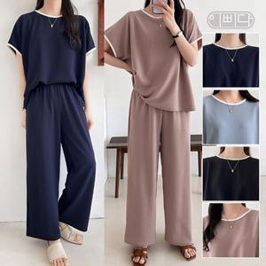 이삐다 국내생산 여성 데일리 여름 배색 캐주얼 루즈핏 반팔티 와이드팬츠세트 IBBD25_AS10