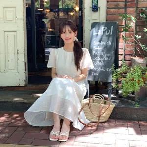 (투피스인듯/하객룩추천) 플로린 라운드넥 투피스 반팔 플레어 롱 원피스 op16120