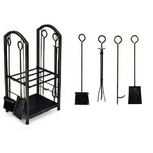 벽난로 도구 4개가 있는 히사시 장작 랙, 통나무 홀더 목재 보관 스태커 벽난로, 도구용 철제 통 홀더, 액세서리 세트 실내/외(브론즈)