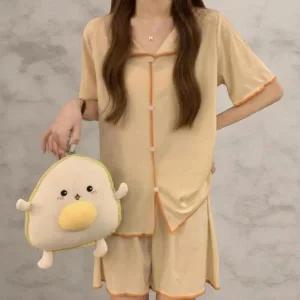 [옷자락]여성 수면복 부드러운 핏 루즈한 반팔 반바지 잠옷 세트