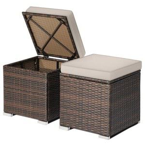 도탈라 2피스 파티오 위커 오스만, 수납장이 있는 야외 체육 라탄 사이드 테이블, 쿠션, 소파용 발 받침대, 의자, 베이지