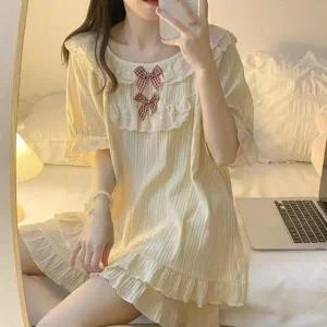 [옷자락]여성 옐로우 리본 프릴 반팔 반바지 파자마 세트