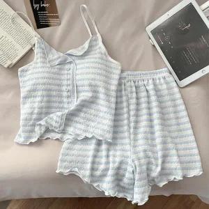 [옷자락]여자 홈웨어 파스텔 단가라 나시 반바지 파자마 세트