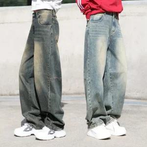 동대문스타일 옐로우틴워싱 커브드라인 벌룬 와이드 데님 팬츠 빈티지 남여공용 청바지 BY9356_9