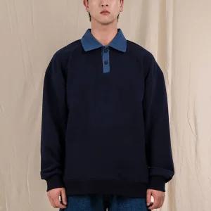 엘라모 쭈리 투버튼 데님 카라 오버핏 맨투맨