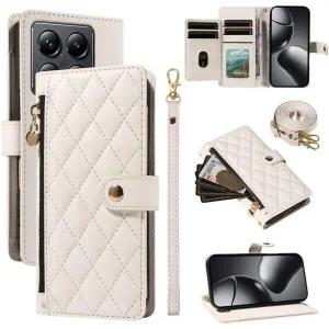 삼성 갤럭시 S25 울트라용 케이스 (색상: 화이트) 크로스바디 스트랩 지퍼 지갑 가죽 플립백