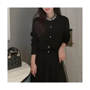 비즈 장식 네크라인 포인트 가디건