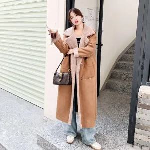 램스킨 양가죽 메리노 울 양면 무스탕 롱 카멜 리얼 양털 시어링 여성 라이더 넥 스웨이드