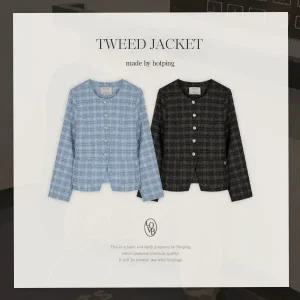 핫핑 [하객룩추천][LOVB] L-1451 체크 팬던트 노카라 트위드자켓