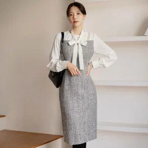 [시크라인] (~XXL까지) 루덴크 스카프 트위드 원피스 겨울 하객룩 오피스룩 모임룩 격식룩 연말룩 빅사이즈