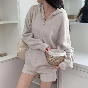 [하프클럽/]여성 하프팬츠 비스코스 고무줄 후디 집업 세트