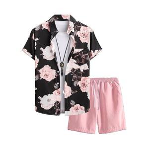 고글리터 남성용 2피스 바캉스 비치 의상 플로럴 버튼 다운 셔츠와 반바지 크루즈 세트