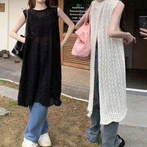 여자 펀칭 롱조끼 니트 레이어드 여름 시스루 원피스