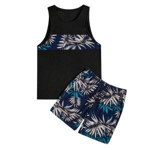 고글리터 남성용 2피스 세트 플로럴 프린트 엘라스틱 허리 반바지 민소매 탱크 탑 아웃핏 운동복
