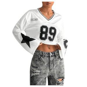 밀루미아 여성용 넘버 프린트 긴팔 V넥 크롭 탑 저지 셔츠 스트리트웨어 스포츠웨어